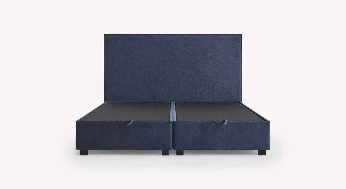 Lit coffre NINA Margon Basic Marine en tissu bleu marine avec tête de lit rectangulaire, offrant un couchage pratique avec rangement intégré.