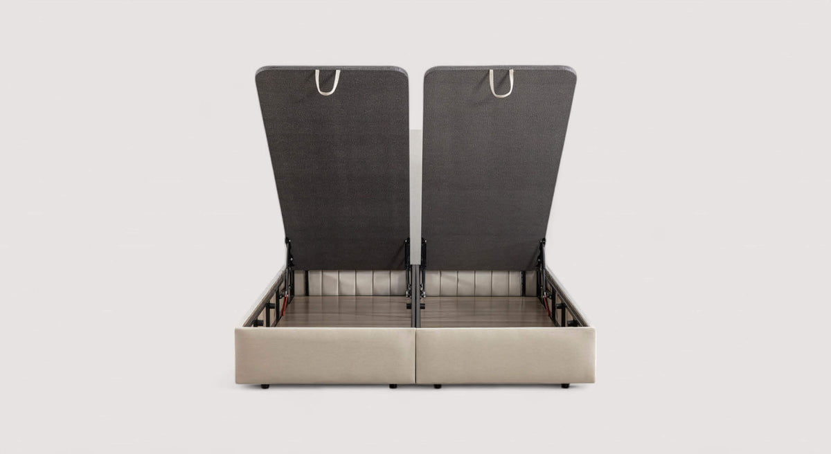 Lit coffre Amsterdam avec rangements ouverts, structure beige et couvercles gris, vue de face