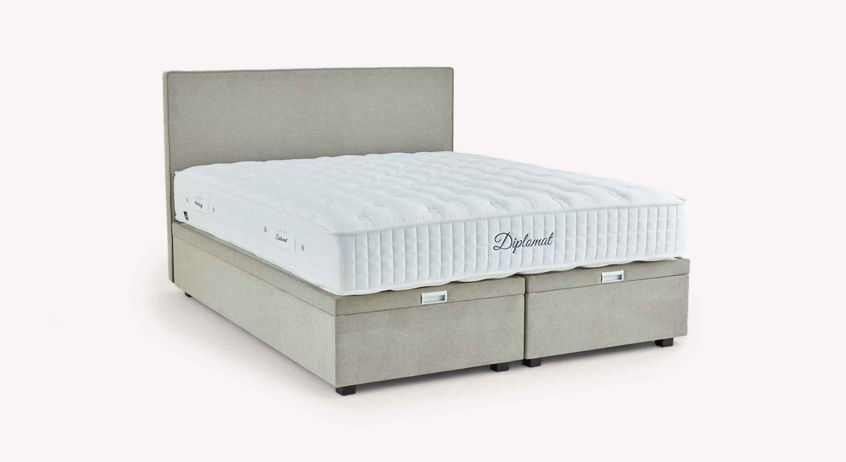Pack lit coffre, matelas et tête de lit WARREN Guard Liver en tissu gris avec matelas épais Diplomat, offrant un couchage confortable et un espace de rangement pratique.