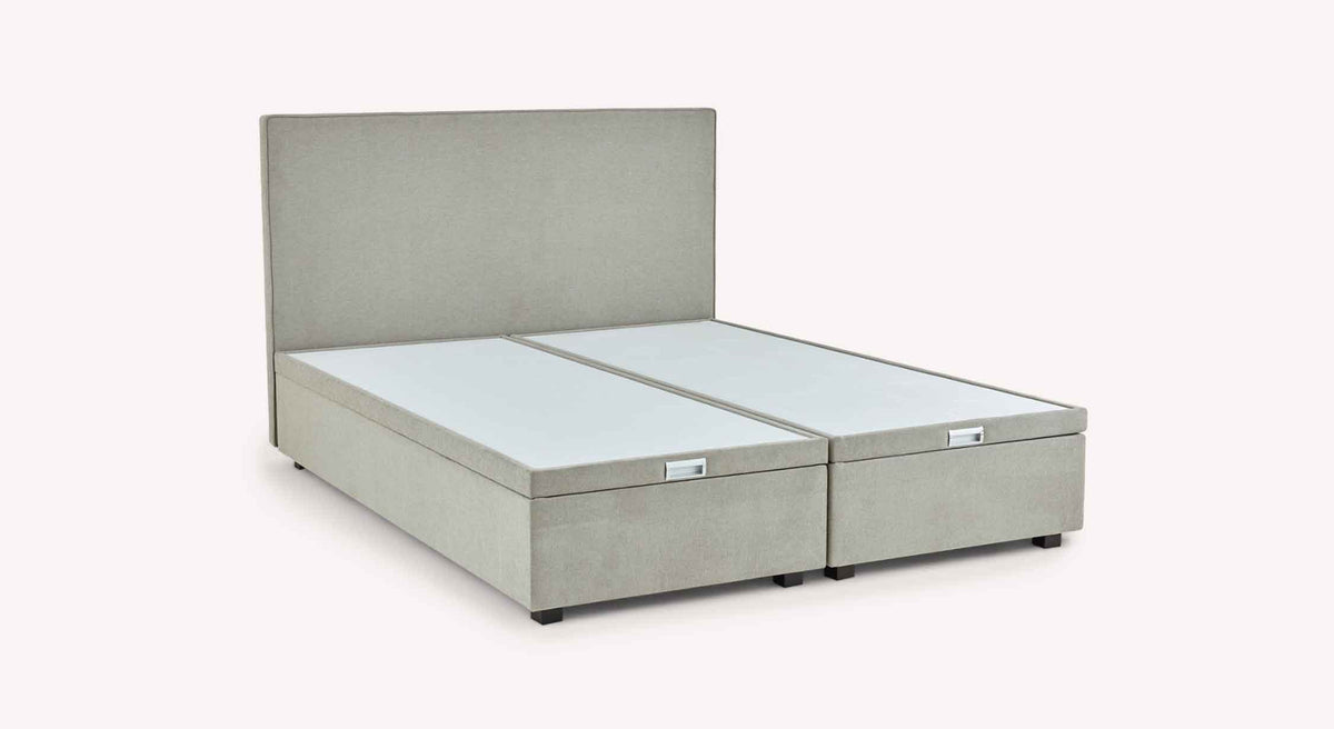 Pack lit coffre, matelas et tête de lit WARREN Guard Liver en tissu gris avec rangement intégré sous le matelas et une tête de lit assortie, idéal pour un couchage confortable au quotidien.