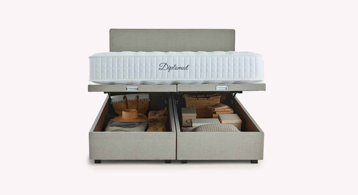 Pack lit coffre, matelas et tête de lit WARREN Guard Liver avec rangement spacieux sous le matelas, idéal pour optimiser l'espace dans la chambre.