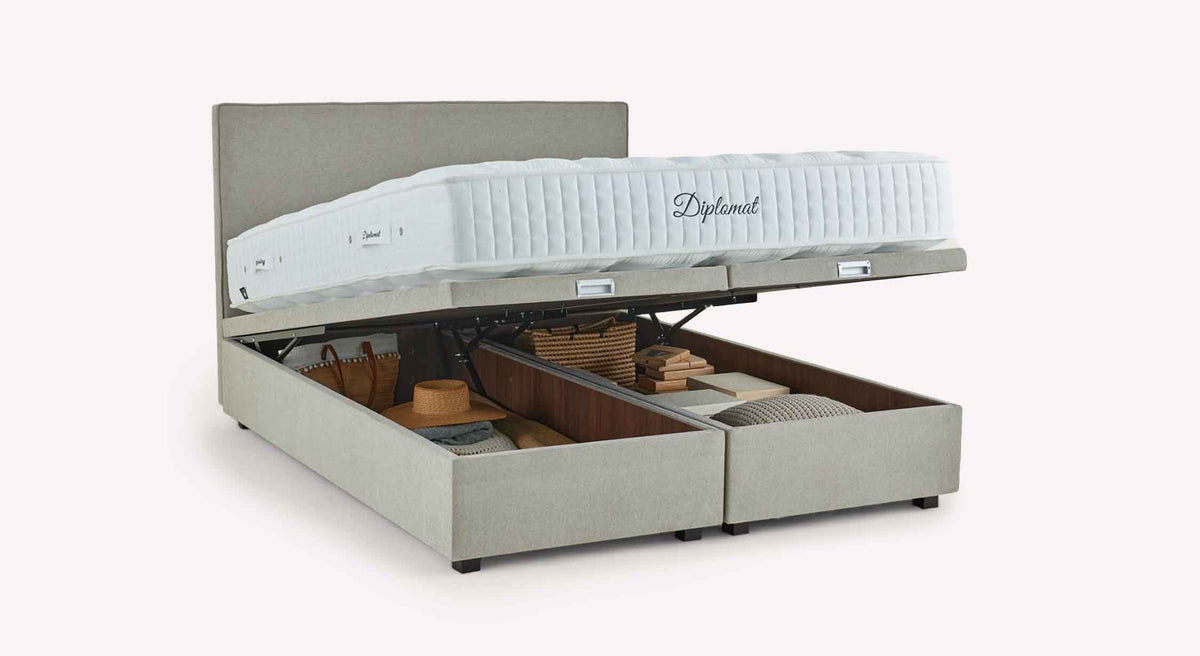 Pack lit coffre, matelas et tête de lit WARREN Guard Liver avec espace de rangement intégré, matelas épais et tête de lit rembourrée pour un confort optimal au quotidien.