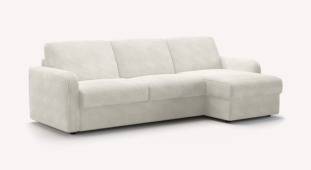 Canapé convertible d'angle Clint en tissu Lincoln couleur neige, design moderne avec accoudoirs arrondis et revêtement côtelée
