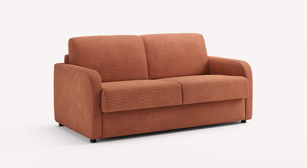Canapé convertible CLINT Lincoln Cuivre en tissu côtelé, couleur cuivre, design épuré avec accoudoirs arrondis, idéal pour un couchage quotidien.