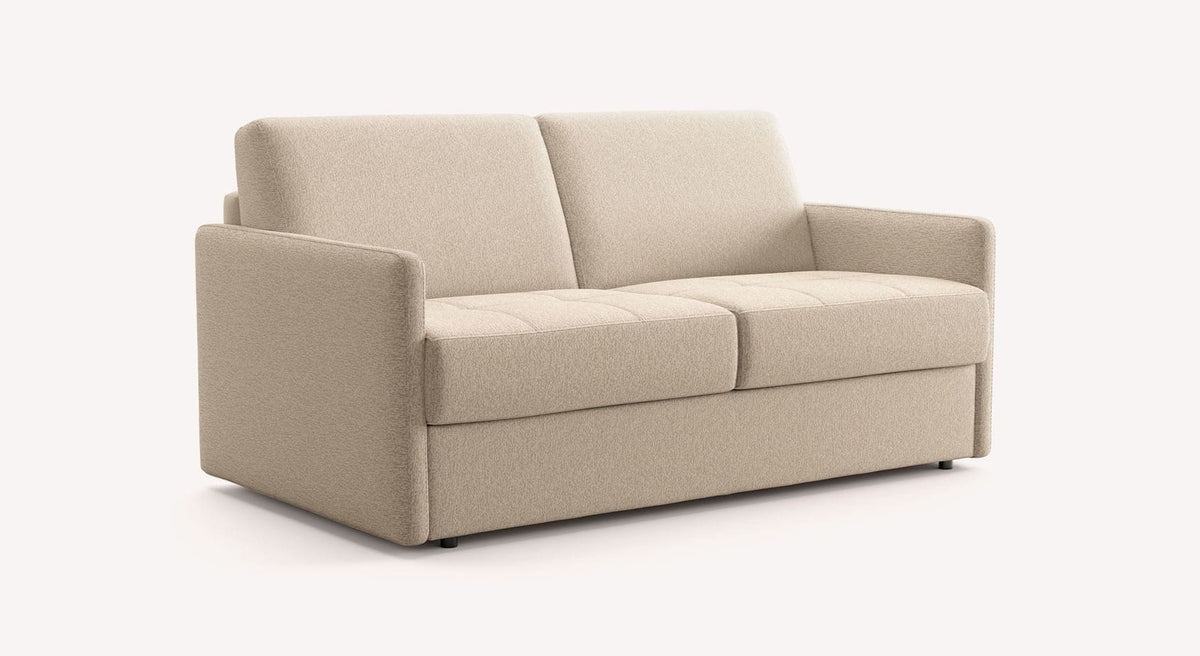 Canapé convertible MARLON Misterio Grege en tissu beige clair, design contemporain avec assise confortable, parfait pour un couchage quotidien.