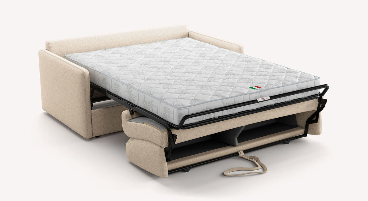Canapé convertible MARLON Misterio Grege avec matelas confortable en tissu gris, présentant un couchage quotidien idéal pour un gain d’espace et un design moderne.