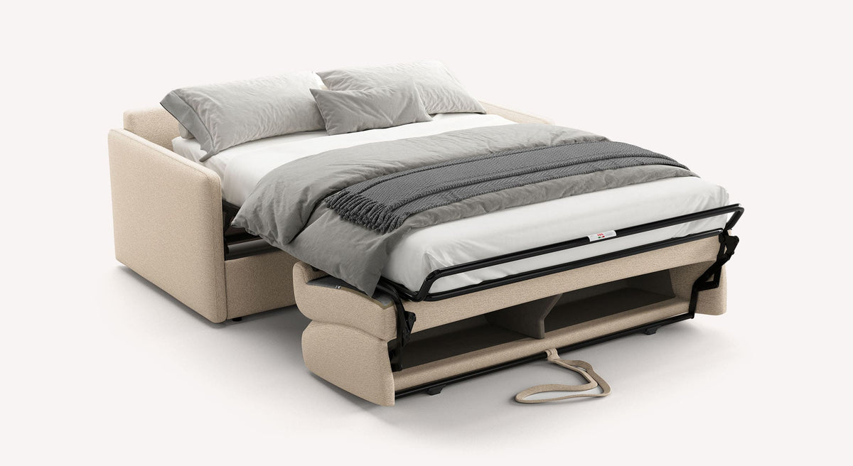 Canapé convertible MARLON Misterio Grege en tissu grège, déplié en lit avec matelas confortable pour un couchage quotidien, design moderne et fonctionnel.