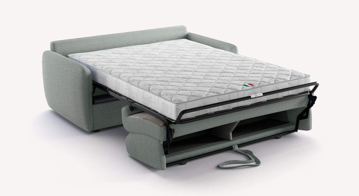 Canapé convertible NEVADA Aragon Etain déplié, avec matelas confortable pour couchage quotidien dans un style moderne et épuré.