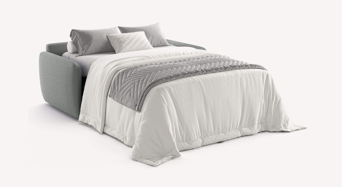 Canapé convertible NEVADA Aragon Etain en tissu gris avec matelas déplié, prêt pour un couchage confortable et élégant.