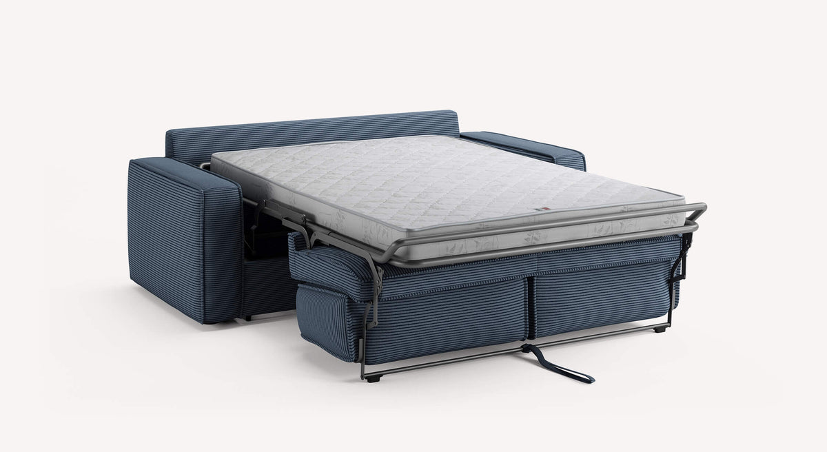 Canapé convertible Ridley Lincoln en tissu bleu, déplié en lit avec matelas