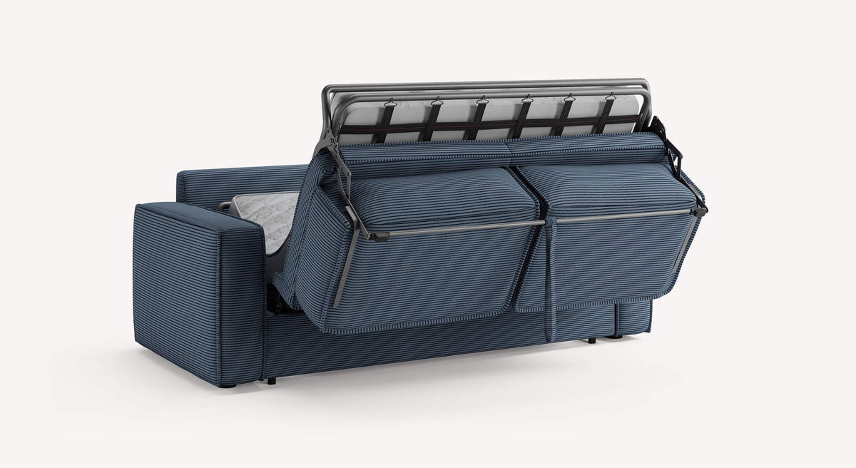 Canapé convertible Ridley Lincoln en tissu bleu nuit, mécanisme de dépliage visible