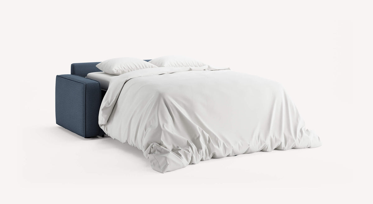 Canapé convertible Ridley ouvert, tissu Lincoln nuit, avec draps blancs et oreillers