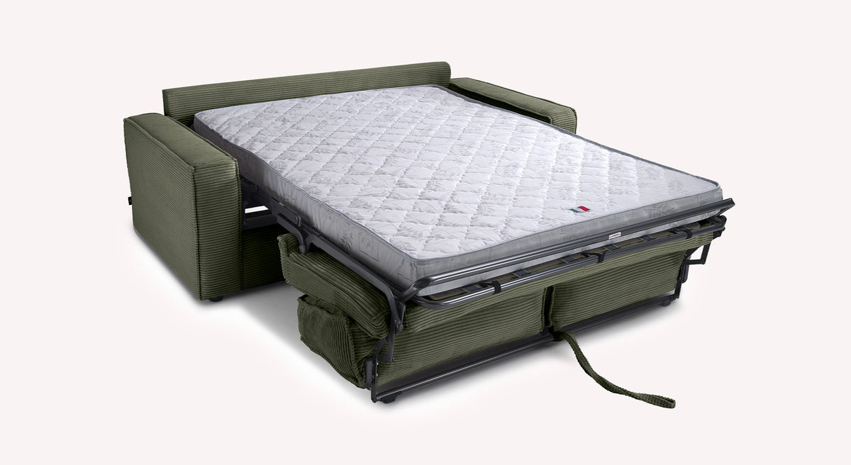 Canapé convertible Ridley ouvert, tissu vert Lincoln, avec matelas visible