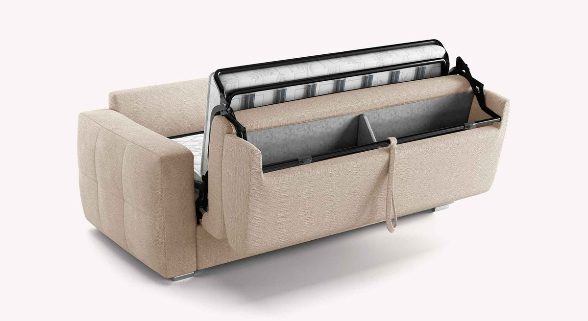 Canapé convertible SONY Aragon Ivoire avec mécanisme de lit coffre offrant un espace de rangement pratique et un couchage confortable pour un usage quotidien.